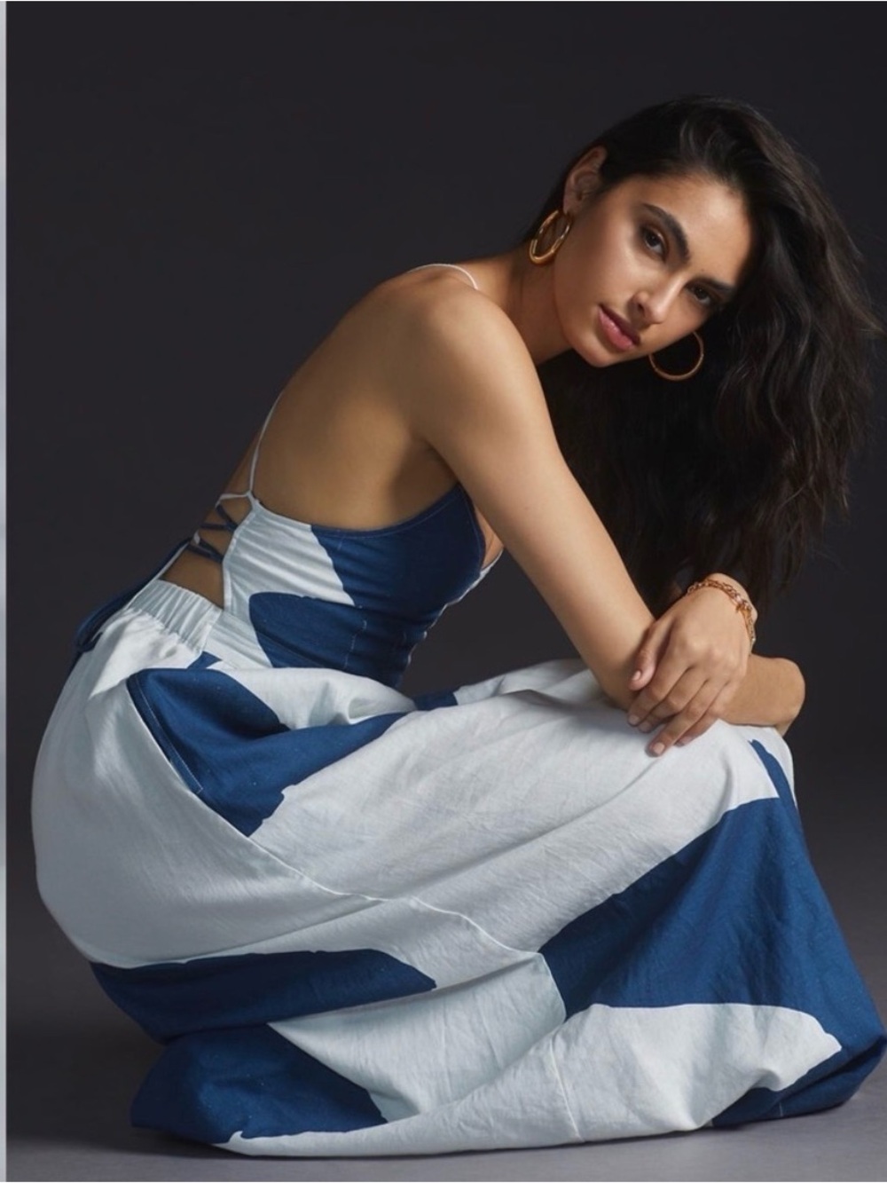 Anthropologie The Odells Sleeveless Blue & White V Neck Linen Blend Maxi Dress M - Picture 3 of 5